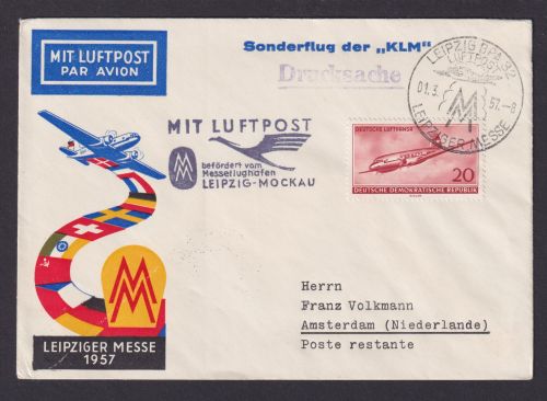 Flugpost Brief Air Mail DDR Leipzig Messe 1957 S-Flug KLM Amsterdam Niederlande