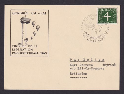 Flugpost Brief Air Mail Niederlande Congres CA - FAI Rotterdam Leuchtturm Ballon