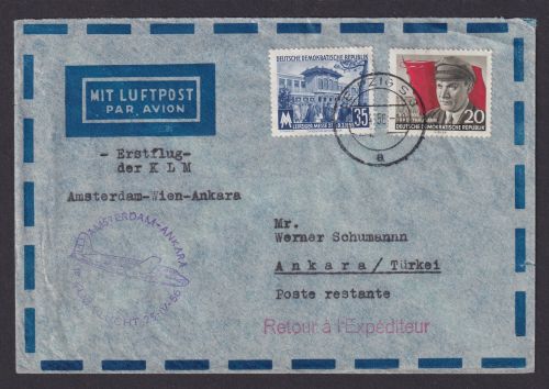 Flugpost Brief Air Mail DDR Erstflug KLM Amsterdam Wien Ankara Türkei 1956