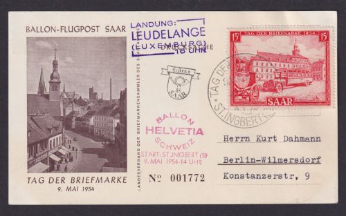 Saar 349 tolle Ballon Flugpost Karte Air Mail Philatelie Tag der Briefmarke