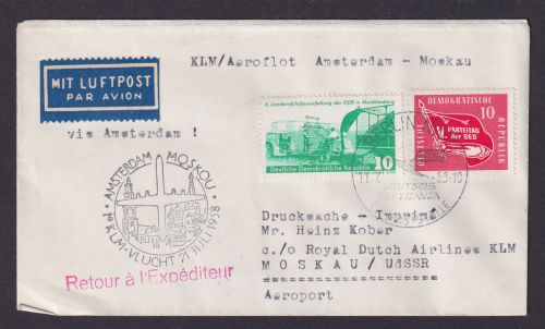 Flugpost Brief Air Mail KLM Amsterdam Niederland Mskau UDSSR DDR Zuleitung 1958
