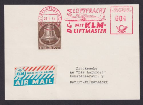 Flugpost Brief Air Mail Berlin Glocke plus AFS Absenderfreistempel KLM 004 ab