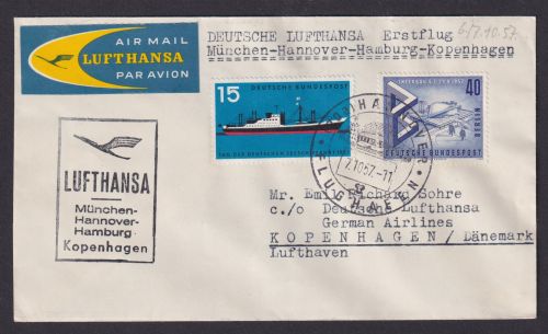 Flugpost Brief Air Mail Berlin Lufthansa Hannover Kopenhagen Dänemark 1957