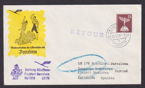 Flugpost Brief Air Mail Berlin Lufthansa Frankfurt Barcelona Spanien 1959 Retour