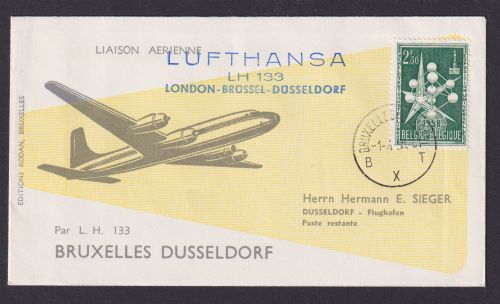 Flugpost Brief Air Mail Belgien Lufthansa LH 133 London Brüssel Düsseldorg 1958
