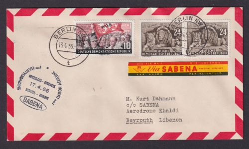 Flugpost Brief Air Mail DDR Berlin Brüssel Belgien Beirut Libanon 1955