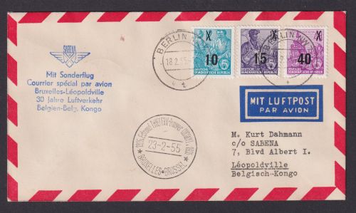 Flugpost Brief Air Mail DDR Berlin Brüssel Belgien Leopoldville Belg. Kongo1955