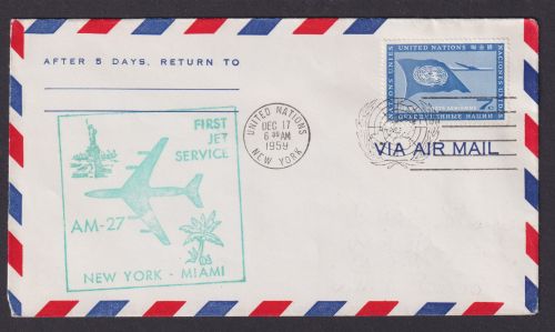 UNO Flugpost Brief Air Mail grüner Flugstempel First Jet Service AM 27 New York