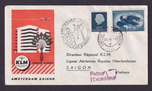 Flugpost Brief Air Mail KLM Amsterdam Destination Niederlande Saigon Vietnam