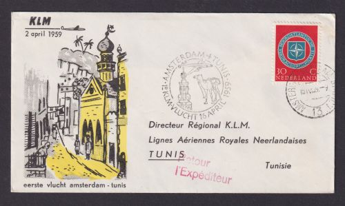 Flugpost Brief Air Mail KLM Amsterdam Niederlande nach Tuinis Tunesien 16.4.1959