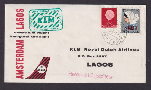 Flugpost Brief Air Mail KLM Niederlande Amsterdam Lagos Erstflug 16.1.1961