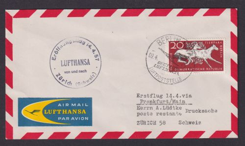 Flugpost Brief Air Mail Berlin Frankfurt Zürich Schweiz Erstflug Lufthansa 1957