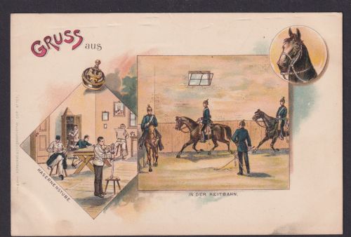 Litho Ansichtskarte Kasernenstube Reitbahn Soldaten Pferde Sport Reitsport