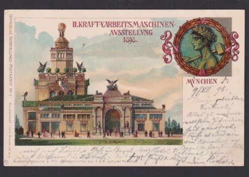Bahnpost Bayern K.B. Bahnpost auf toller Litho Ansichtskarte München Ausstellung