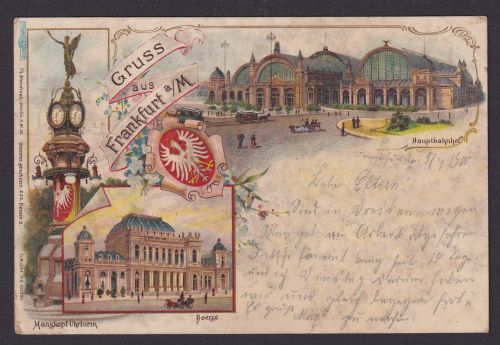 Litho Ansichtskarte Frankfurt a. Main Manskopf Uhrturm Hauptbahnhof n. Wilkau