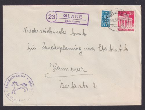Bizone Landpoststempel EF 20 pfg. Bauten Glane über Iburg Niedersachsen nach