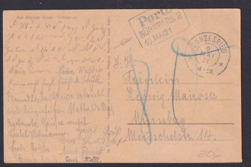 Deutsches Reich K2 Gunzesried mit inter. Nebenstempel R3 PORTO NÜRNBERG 2