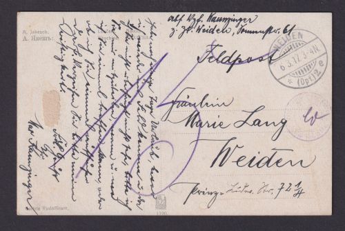 Briefmarken Deutsches Reich Feldpost aber Nachgebühr 15 auf Ansichtskarte