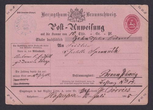 Altdeutschland Herzogtum Braunschweig Ganzsache Postanweisung bl. K2 Hasselfelde
