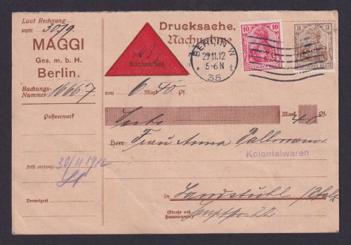 Briefmarken Perfin Lochung Nachnahme Deutsches Reich Brief MIF Germania Reklame