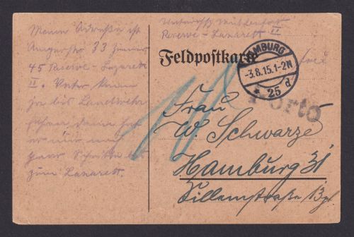 Deutsches Reich Hamburg Feldpostkarte nachtaxiert 3.8.1915 I. Weltkrieg