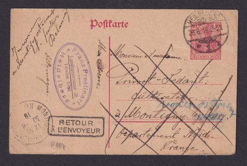 Deutsches Reich Heidelberg n. Montigny-en-Cambrésis Clary + Retour Stempel 1919