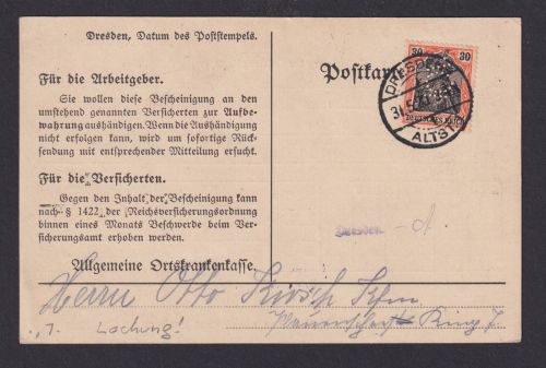 Perfin Lochung Privatlochung Deutsches Reich Dresden EF 30 Pfg. Germania AOK