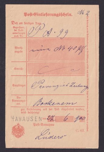 Hahausen Deutsches Reich Braunschweig L1 a Einlieferungsschein n Bockenem selten