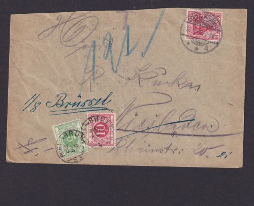 Deutsches Reich Brief EF Germania nach Belgien mit Nachporto 31.7.1908