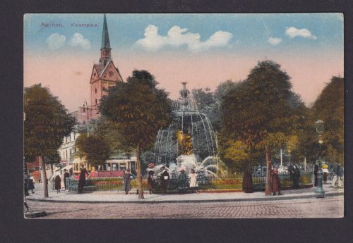 Ansichtskarte Aachen NRW Kaiserplatz Springbrunnen Kirche Strassenbahn