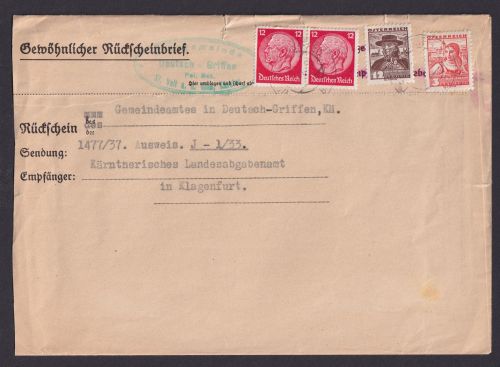 Deutsches Reich Brief Gewöhnlicher Rückscheinbrief Österreich Deutsch Griffen