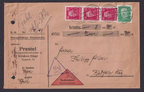 Deutsches Reich Nachnahme Brief MIF Berühmte Deutsche Kirchen Sieg 21.8.1929