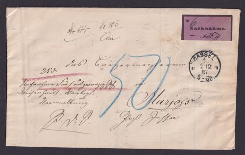 Deutsches Reich Nachnahme Brief Kassel n Marjoß Kossa unfrankeirt Nachgebühr 50