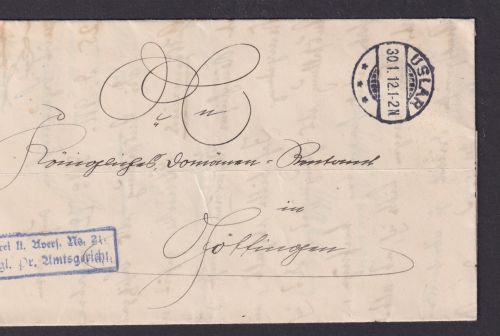 Deutsches Reich Brief Frei laut Avers Nr. 21 Uslar nach Göttingen 30.1.1912