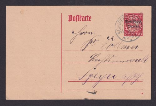 Altdeutschland Bayern Ganzsache Wappen Aufdruck + ZUF Schifferstadt Speyer