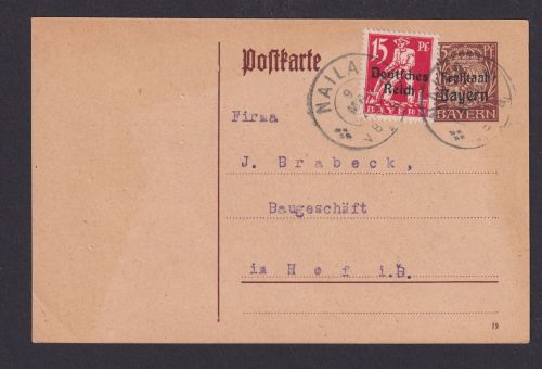 Altdeutschland Bayern Ganzsache Wappen Aufdruck + ZUF Naila nach Hof
