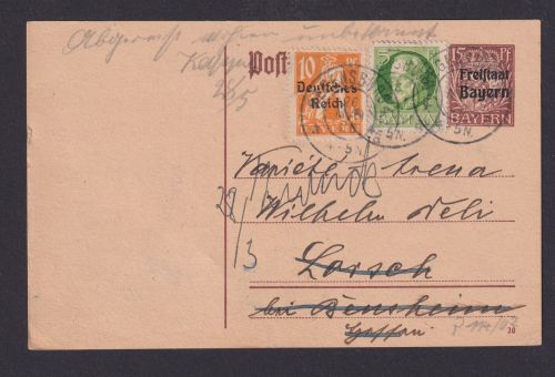 Altdeutschland Bayern Ganzsache plus ZUF Regensburg n. Lorsch und zurück