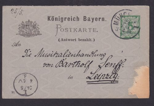 Altdeutschland Bayern Antwort Ganzsache 5 Pfg München Leipzig 1891