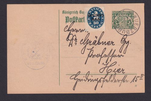 Altdeutschland Bayern Dienst Ganzsache Wappen Zudruck Würzburg Stadtrentamt