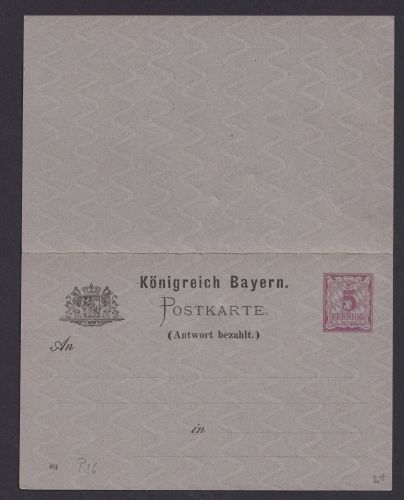 Altdeutschland Bayern P 36 Frage & Antwort Ganzsache 5 Pfg. Wappen