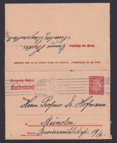 Altdeutschland Bayern Ganzsache Kartenbrief Nürnberg München 19.3.1919