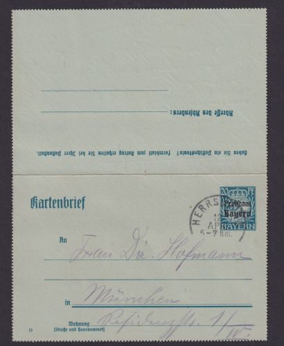Altdeutschland Freistaat Bayern Ganzsache Kartenbrief Herrsching München