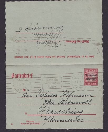 Altdeutschland Bayern Ganzsache Kartenbrief Masch.St. Postsache Postscheckkonto