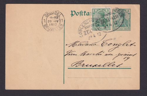 Bahnpost Koblenz Giesssen Deutsches Reich Auslands Ganzsache Zug 410 Brüssel