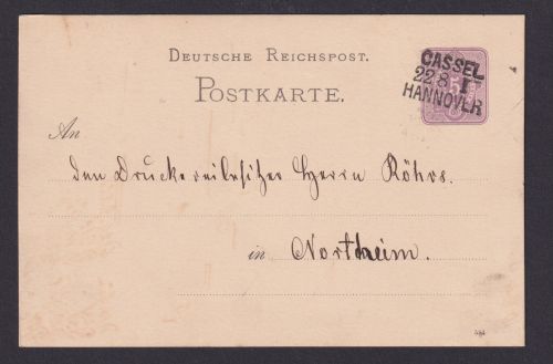 Bahnpost Cassel Hannover Deutsches Reich Ganzsache 22.8.1884