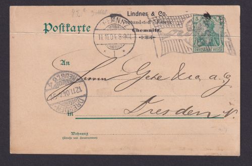 Flaggenstempel Chemnitz Dresden Sachsen Deutsches Reich Ganzsache Germania 1904