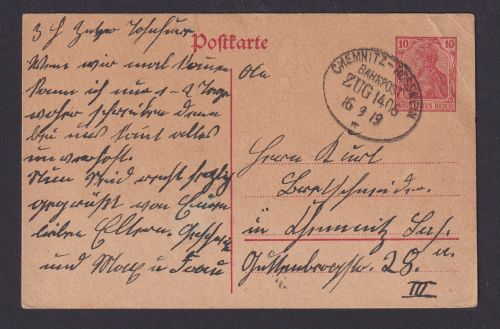 Bahnpost Chemnitz Rosswein Deutsches Reich Zug 1406 Sachsen 16.9.1919