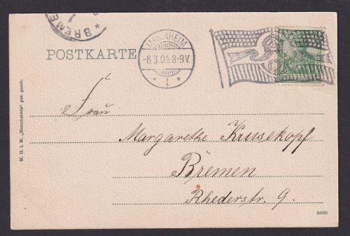 Deutsches Reich Fahnenstempel Mannheim Posthorn auf Ansichtskarte Rosengarten