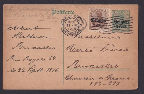 Besetzung I. Weltkrieg Landespost Belgien Ganzsache + ZuF Brüssel 22.9.1916