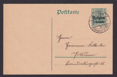 Besetzung I. Weltkrieg Landespost Belgien Ganzsache Monz Potsdam
